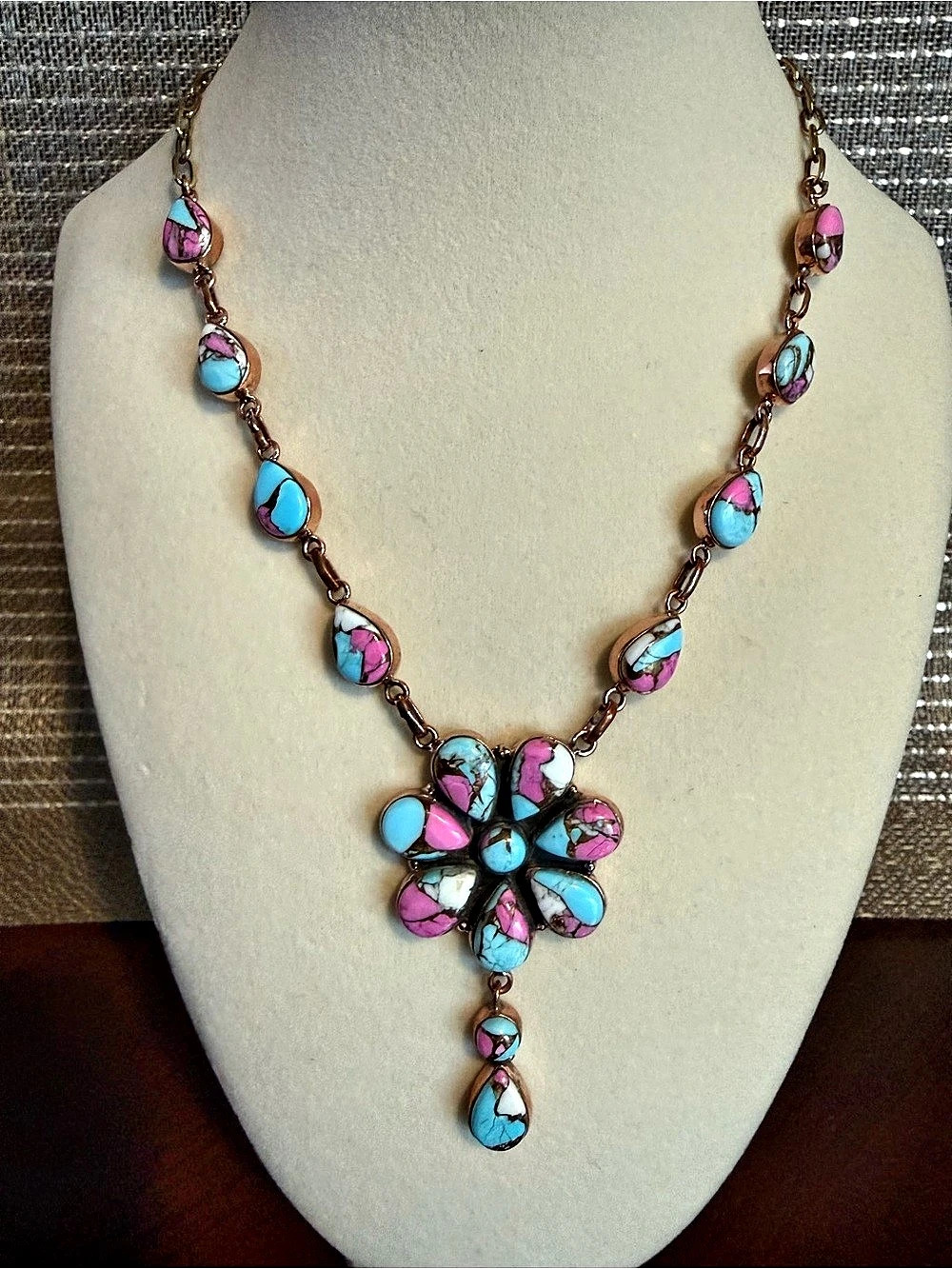 Copper Cotton Candy Turquoise 18” Floral Statement Necklace Pink Blue NWOT